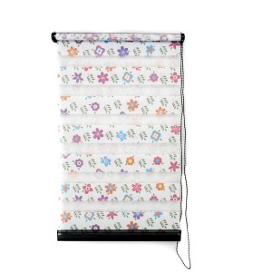 Jaluzea tip roletă zebră 01-1601 Semitransparentă, Day&Night, accesorii albe/ maro/ gri antracit, țesătură florală multicoloră