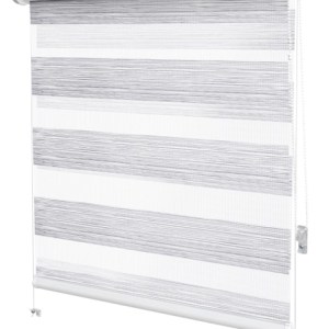 Jaluzea tip roletă zebră 2707 Semitransparentă, Day&Night, accesorii albe/ maro/ gri antracit, țesătură gri deschis natur