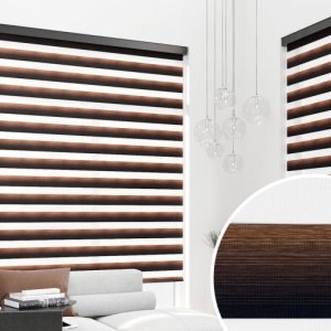 Jaluzea tip roletă zebră 3104 Semitransparentă, Day&Night, accesorii albe/ maro/ gri antracit, țesătură maro degrade