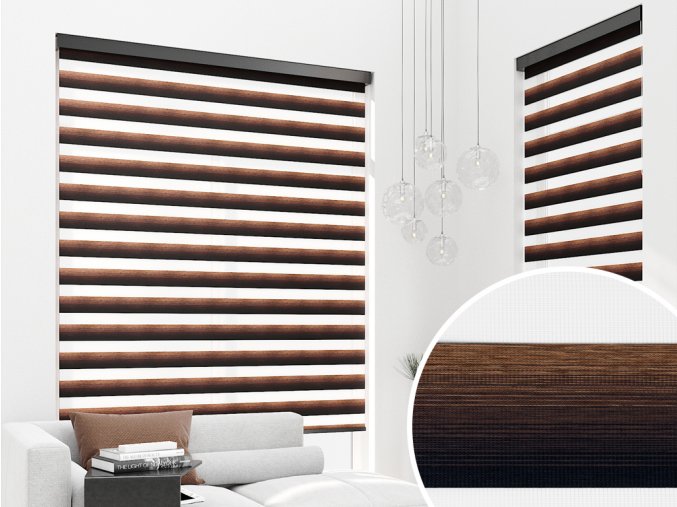 Jaluzea tip roletă zebră 3104 Semitransparentă, Day&Night, accesorii albe/ maro/ gri antracit, țesătură maro degrade
